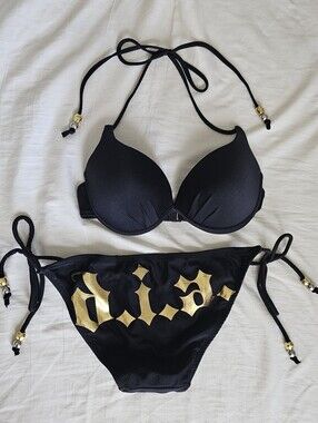 D.i.a Rare Gyaru Japan Black and Gold Logo Beaded Side Tie Bikini Set